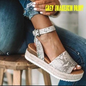 Grey snakeskin espadrilles sandals buckle wedge